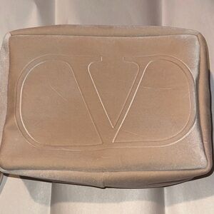 Valentino Taupe Suede-Look Embossed V Cosmetic Pouch